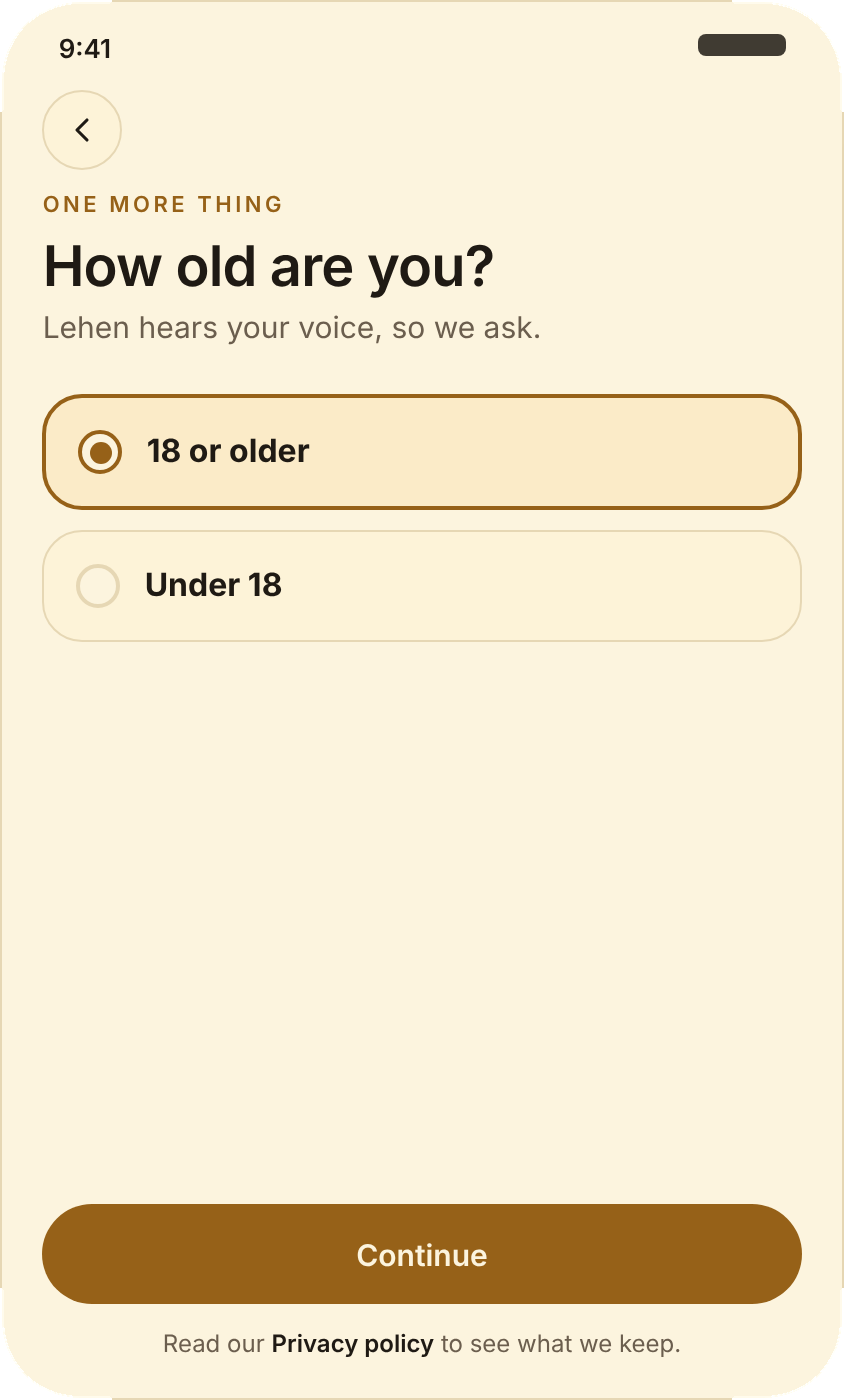 Onboarding step asking How old are you, with 18 or older selected.