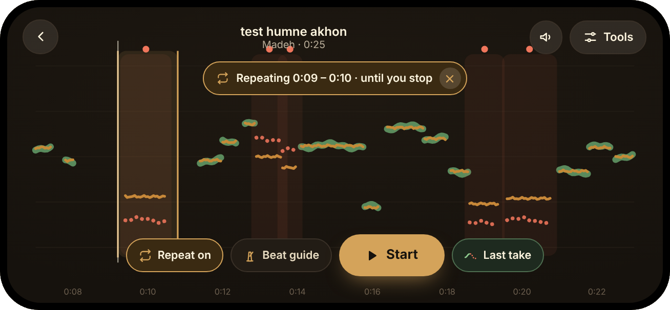 Practice screen with one phrase shaded and a banner: Repeating 0:09 to 0:10 until you stop.