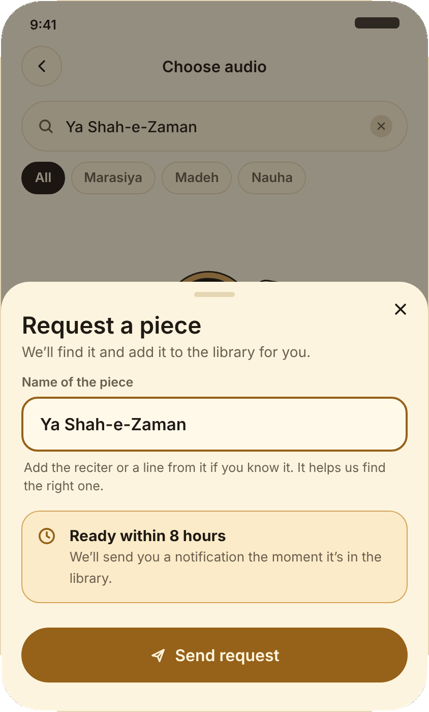 Request a piece by name, ready within 8 hours.