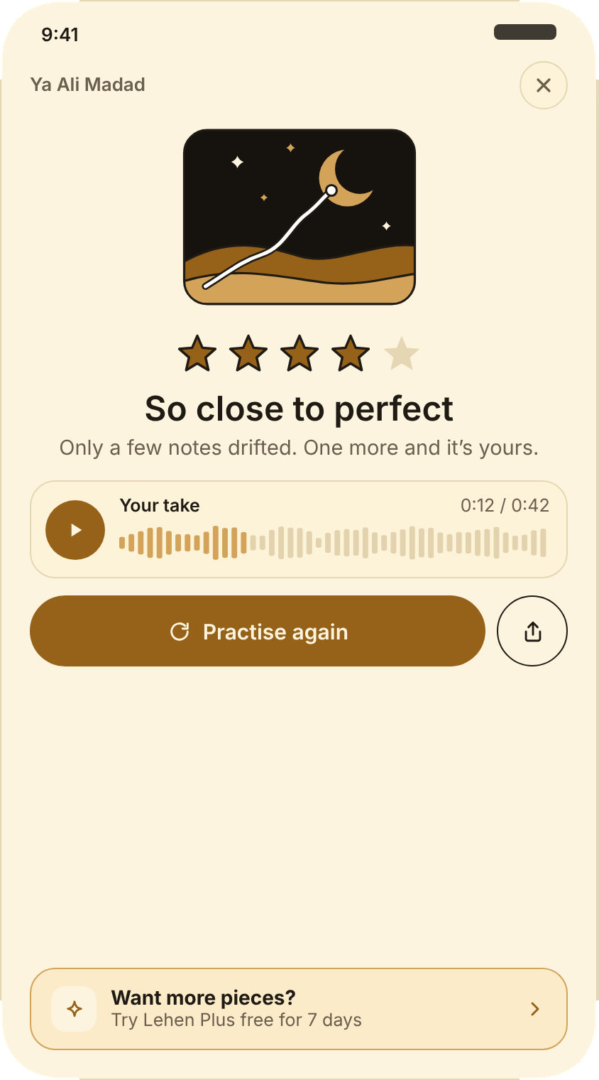 Result screen with four stars, the words So close to perfect, and a player to hear your take.